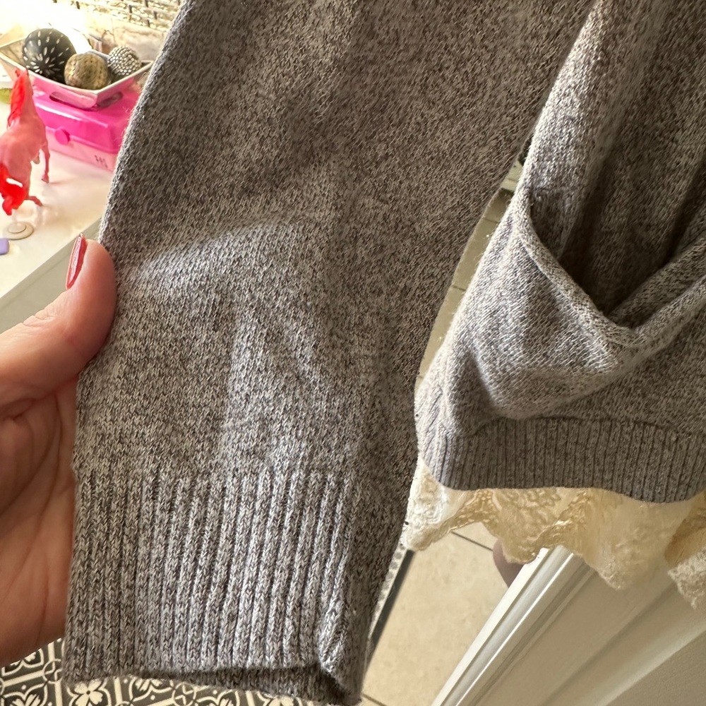 LOGO by Lori Goldstein Heather Gray Cardigan with Lace Trim - Picture 5 of 5